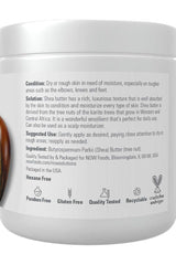 Now Foods Shea Butter container detailing usage for dry, rough skin on elbows, knees, and feet. Natural and organic moisturizer.