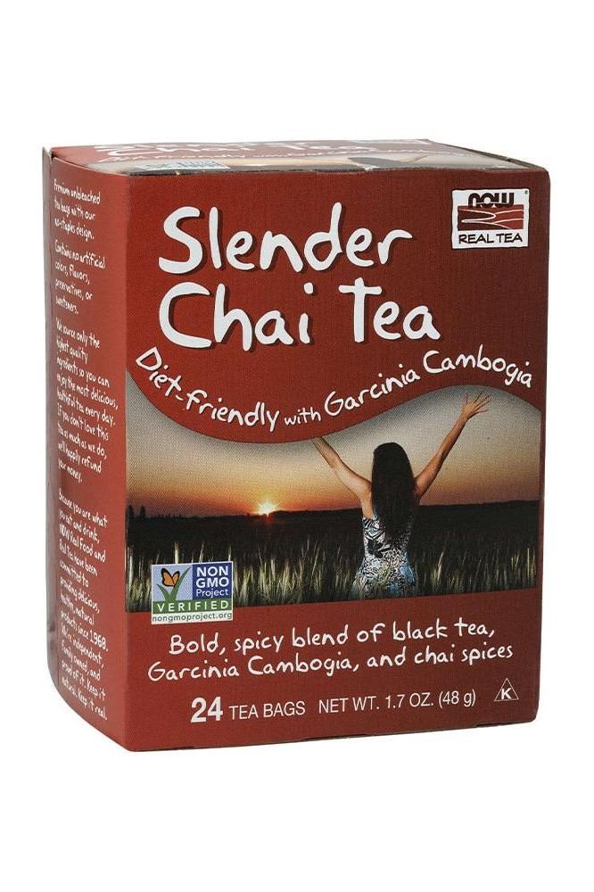 Now Foods Slender Chai Tea box with 24 tea bags, featuring Garcinia Cambogia and chai spices, 48g.