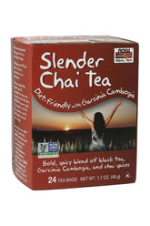 Now Foods Slender Chai Tea box with 24 tea bags, featuring Garcinia Cambogia and chai spices, 48g.