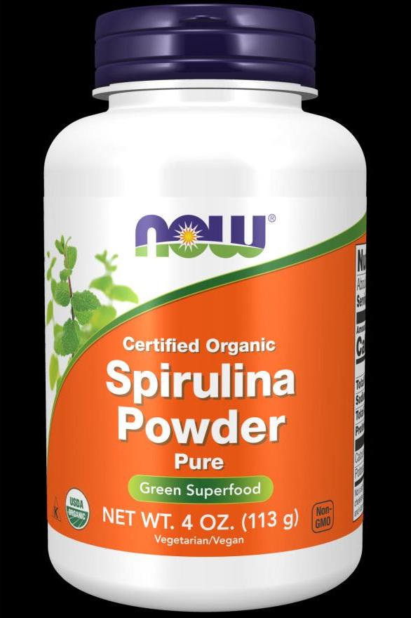 NOW Foods organic spirulina powder bottle, 4 oz. Green superfood rich in nutrients and antioxidants.