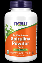 NOW Foods organic spirulina powder bottle, 4 oz. Green superfood rich in nutrients and antioxidants.