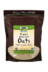 Now Foods Organic Steel Cut Oats in a 2 lbs bag, high in fiber and nutrients, non-GMO, whole grain, made in the USA.