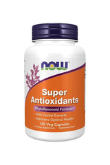 Now Foods Super Antioxidants supplement bottle, 120 veg capsules, promotes optimal health with herbal extracts.