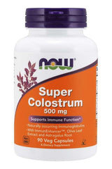 NOW Foods Super Colostrum 500 mg dietary supplement for immune support, 90 vegetable capsules bottle.