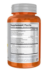 Now Foods Sustained Energy supplement facts on veg capsules bottle with B-vitamins and caffeine information.