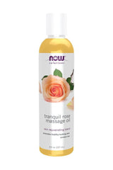 NOW Tranquil Rose Massage Oil 237 ml bottle, promotes healthy skin and provides soothing hydration.