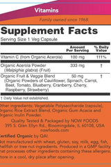 Supplement facts for Now Foods Tru-C 60 Veg Capsules, highlighting Vitamin C from organic Acerola and organic fruit powders.