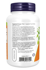 Now Foods Turmeric Curcumin + BioPerine 90 Veg Capsules back label with usage instructions and ingredients.