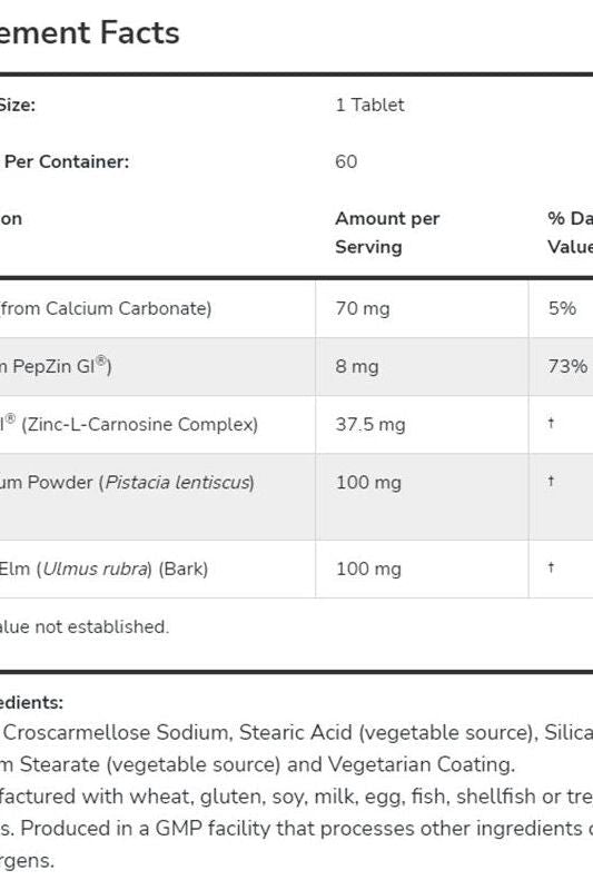 Supplement facts for NOW® Ulcetrol™ highlighting key ingredients and their amounts per tablet. Supplement facts for NOW® Ulcetrol™ highlighting key ingredients and their amounts per tablet.