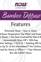 NOW Solutions Bamboo Diffuser features: quiet, easy to clean, BPA-free, auto shut-off, 14 hours run time, ideal for home or office.