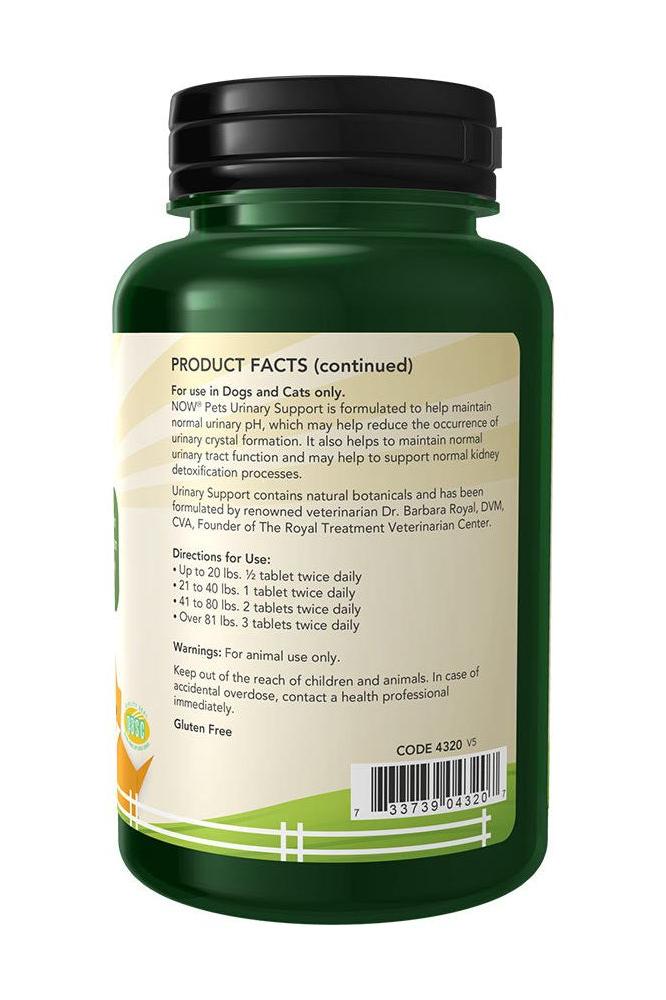 NOW® Pets Urinary Support chewable tablets for dogs and cats, 144 g, featuring product facts and usage instructions. NOW® Pets Urinary Support chewable tablets for dogs and cats, 144 g, featuring product facts and usage instructions.