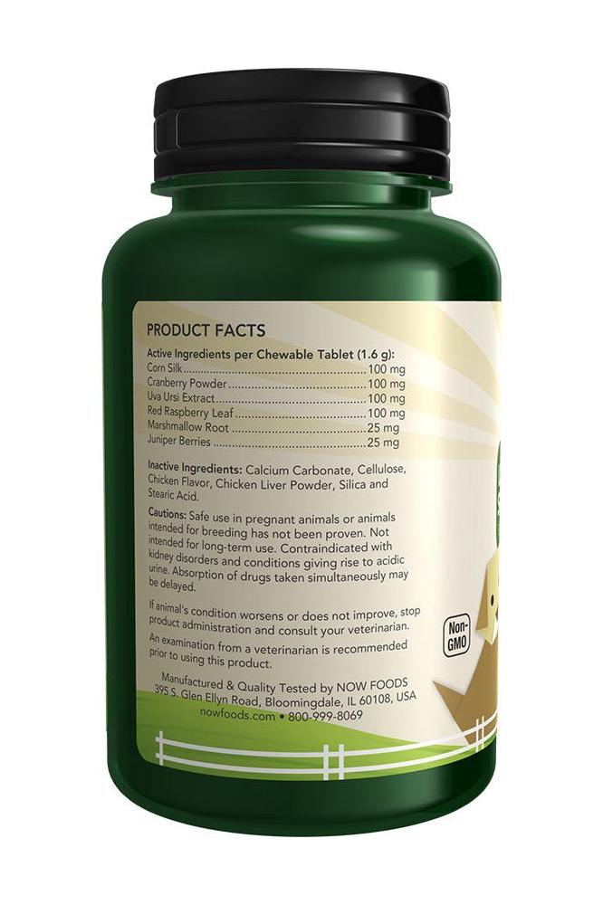 NOW Pets Urinary Support chewable tablets product facts label for dogs and cats in green bottle. NOW Pets Urinary Support chewable tablets product facts label for dogs and cats in green bottle.