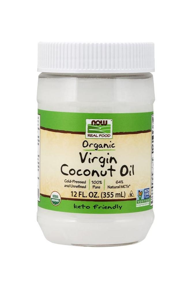 Now Foods Organic Virgin Coconut Oil, 355 ml, cold-pressed, pure, rich in natural MCTs, keto friendly.