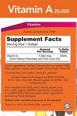 Vitamin A 25000 IU supplement facts showing nutritional information and ingredients listed on the label.