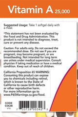 Label for Now Foods Vitamin A 25000 IU softgels with usage instructions and warning information.