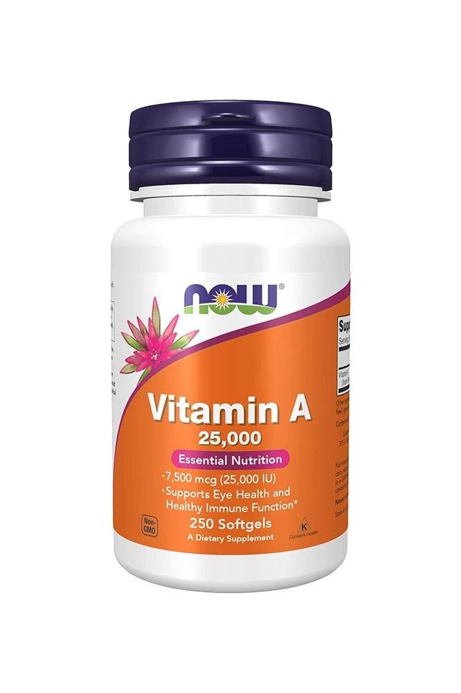 Now Foods Vitamin A 25000 IU dietary supplement bottle with 250 softgels for eye health. Now Foods Vitamin A 25000 IU dietary supplement bottle with 250 softgels for eye health.