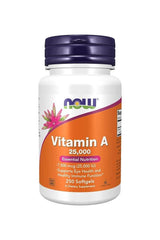 Now Foods Vitamin A 25000 IU dietary supplement bottle with 250 softgels for eye health.