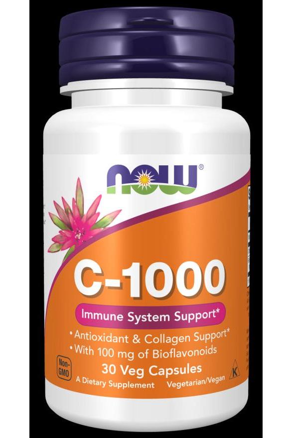 NOW Foods C-1000 Vitamin C 1000 mg supplement bottle with bioflavonoids, 30 vegetarian capsules. Supports immune health.