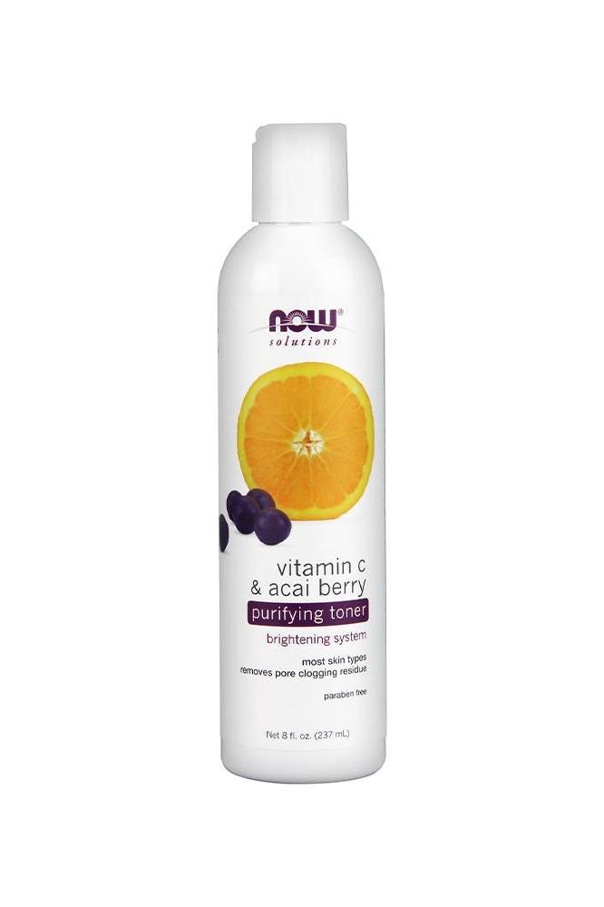 Now Foods Vitamin C & Acai Berry Toner 237 ml in a bottle, promoting skin brightening and pore cleansing.