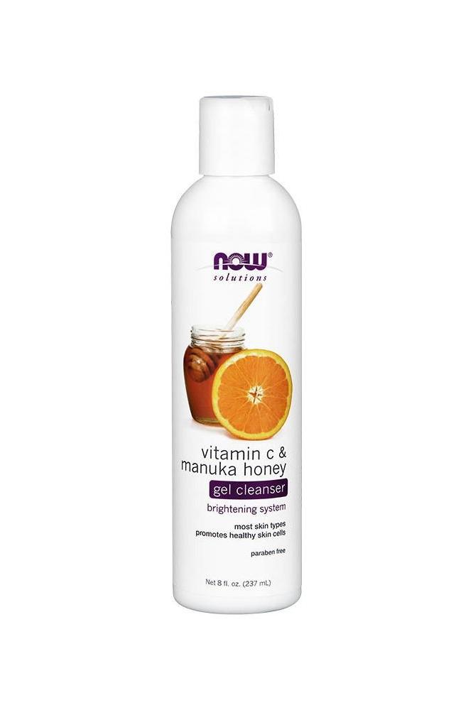Now Foods Vitamin C & Manuka Honey Gel Cleanser in a white bottle for healthy, bright skin. 236 ml.