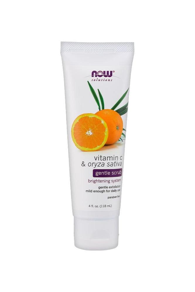 NOW Vitamin C & Oryza Sativa Gentle Scrub tube for brightening and exfoliation, 118 ml