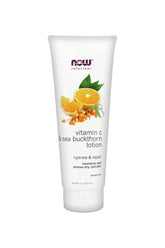 NOW Vitamin C & Sea Buckthorn Body Lotion in a tube for hydrating and nourishing dry skin.
