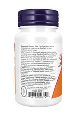 Back label of NOW Foods Vitamin D-3 5000 IU softgels showing usage instructions and supplement facts.