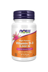 NOW Vitamin D-3 5,000 IU softgels for bone and immune health, 30 count dietary supplement.