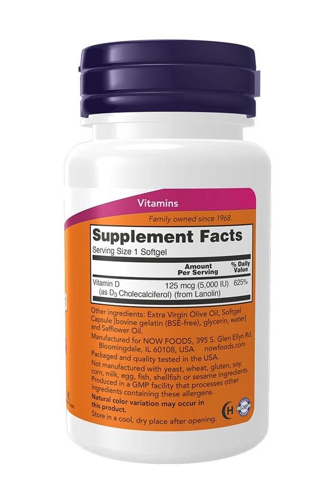 NOW Foods Vitamin D-3 5,000 IU softgel bottle showing supplement facts and ingredients. NOW Foods Vitamin D-3 5,000 IU softgel bottle showing supplement facts and ingredients.