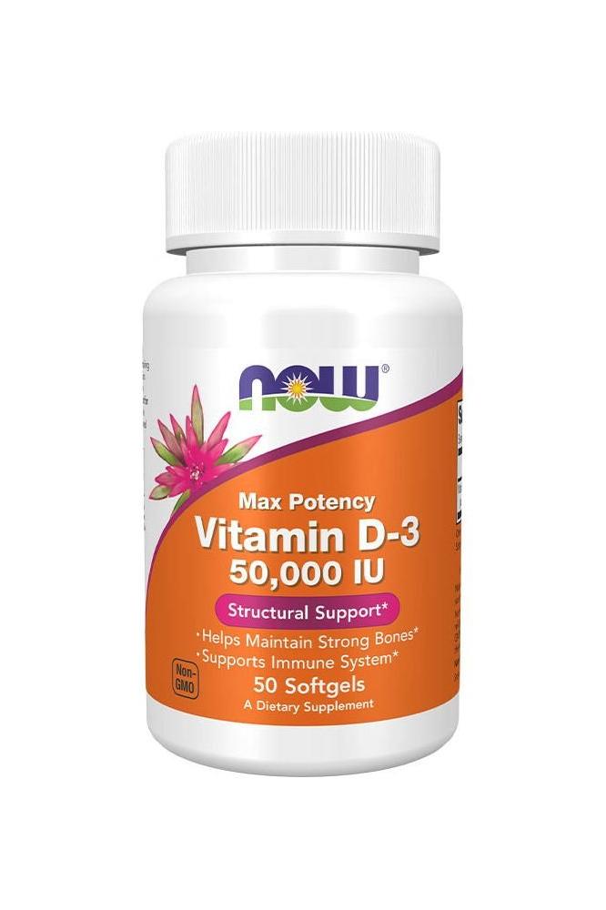 Now Foods Vitamin D-3 50,000 IU softgels for bone health and immune support.