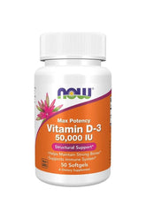 Now Foods Vitamin D-3 50,000 IU softgels for bone health and immune support.