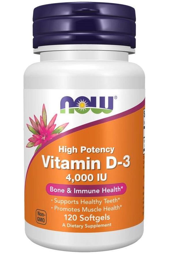 NOW Foods Vitamin D3 4000 IU supplement bottle, supports bone health and immune function, 120 softgels.