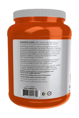 Now Foods creamy chocolate whey protein tub with suggested usage instructions on label.