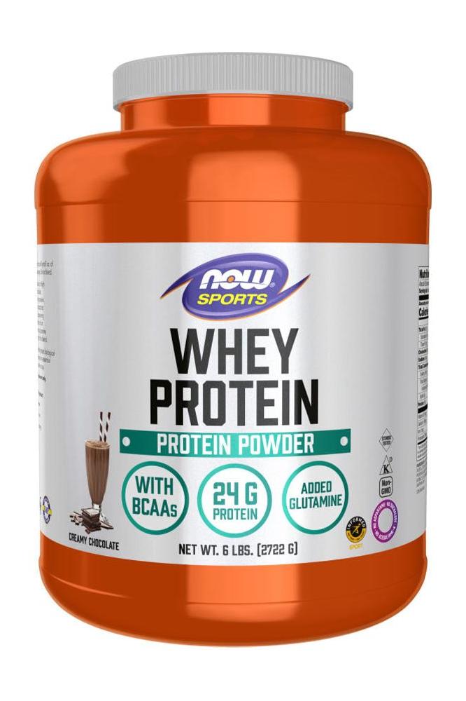 Now Foods Whey Protein Powder in Creamy Chocolate flavor, 2722 g, providing 24 g protein and added glutamine.