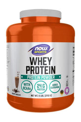 Now Foods Whey Protein Powder in Creamy Chocolate flavor, 2722 g, providing 24 g protein and added glutamine.