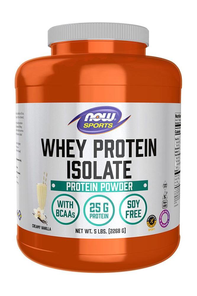 NOW Sports Whey Protein Isolate powder, creamy vanilla flavor, 25g protein, with BCAAs, 5 lbs container.