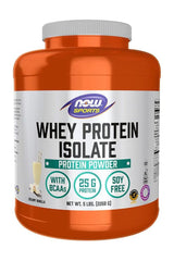 NOW Sports Whey Protein Isolate powder, creamy vanilla flavor, 25g protein, with BCAAs, 5 lbs container.