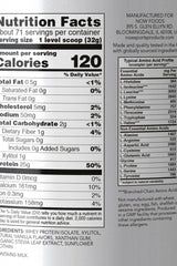 Nutrition facts for Now Foods Whey Protein Isolate, highlighting protein content and BCAA benefits.