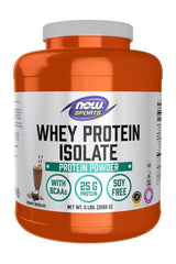 Now Foods Whey Protein Isolate, 5 lbs protein powder with BCAAs, creamy chocolate flavor, soy-free.