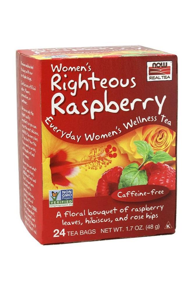 Now Foods Women's Righteous Raspberry Tea box featuring 24 caffeine-free tea bags for everyday wellness.