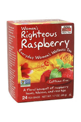 Now Foods Women's Righteous Raspberry Tea box featuring 24 caffeine-free tea bags for everyday wellness.