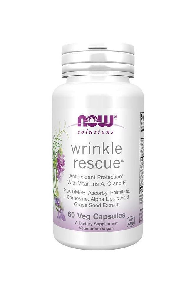 Now Foods Wrinkle Rescue Veg Capsules bottle with antioxidants A, C, and E for skin health support, 60 capsules.