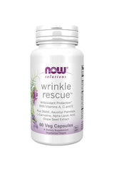 Now Foods Wrinkle Rescue Veg Capsules bottle with antioxidants A, C, and E for skin health support, 60 capsules.