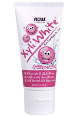 NOW Foods XyliWhite Kids bubblegum toothpaste gel, fluoride and SLS-free, naturally sweetened, kid-approved.