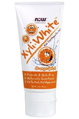 NOW Foods XyliWhite Kids toothpaste gel in Orange Splash flavor, fluoride and SLS-free, naturally sweetened.