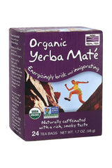 Now Foods Organic Yerba Maté tea box with 24 bags, featuring a rich, smoky flavor and energizing caffeine.