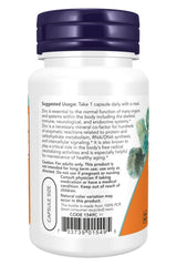 Now Foods Zinc Picolinate 50MG supplement bottle, highlighting suggested usage and health benefits.