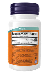 Now Foods Zinc Picolinate supplement bottle showing 50mg zinc per serving, essential for enzyme function and overall health.