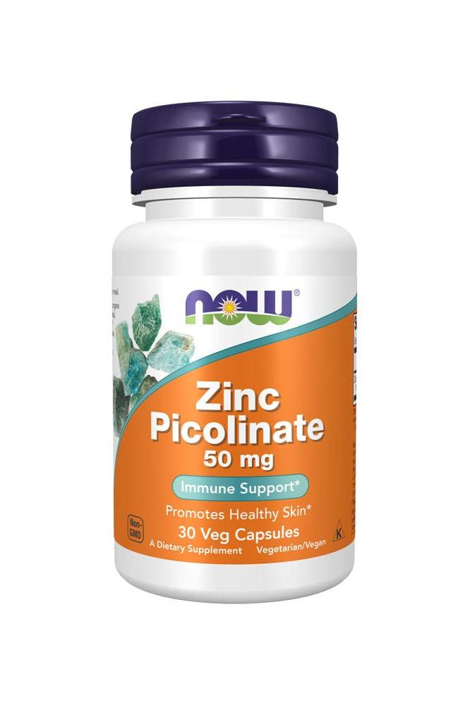 NOW Foods Zinc Picolinate 50mg dietary supplement, promotes healthy skin, immune support, 30 vegetarian capsules.