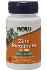 NOW Foods Zinc Picolinate supplement bottle, 50 mg, supports immune functions, 60 vegan capsules.